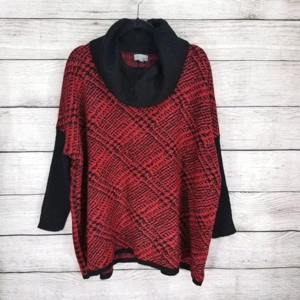 NWT Joseph A Pullover Sweater Cowl Neck Boho Oversized Relaxed Red Black Small S